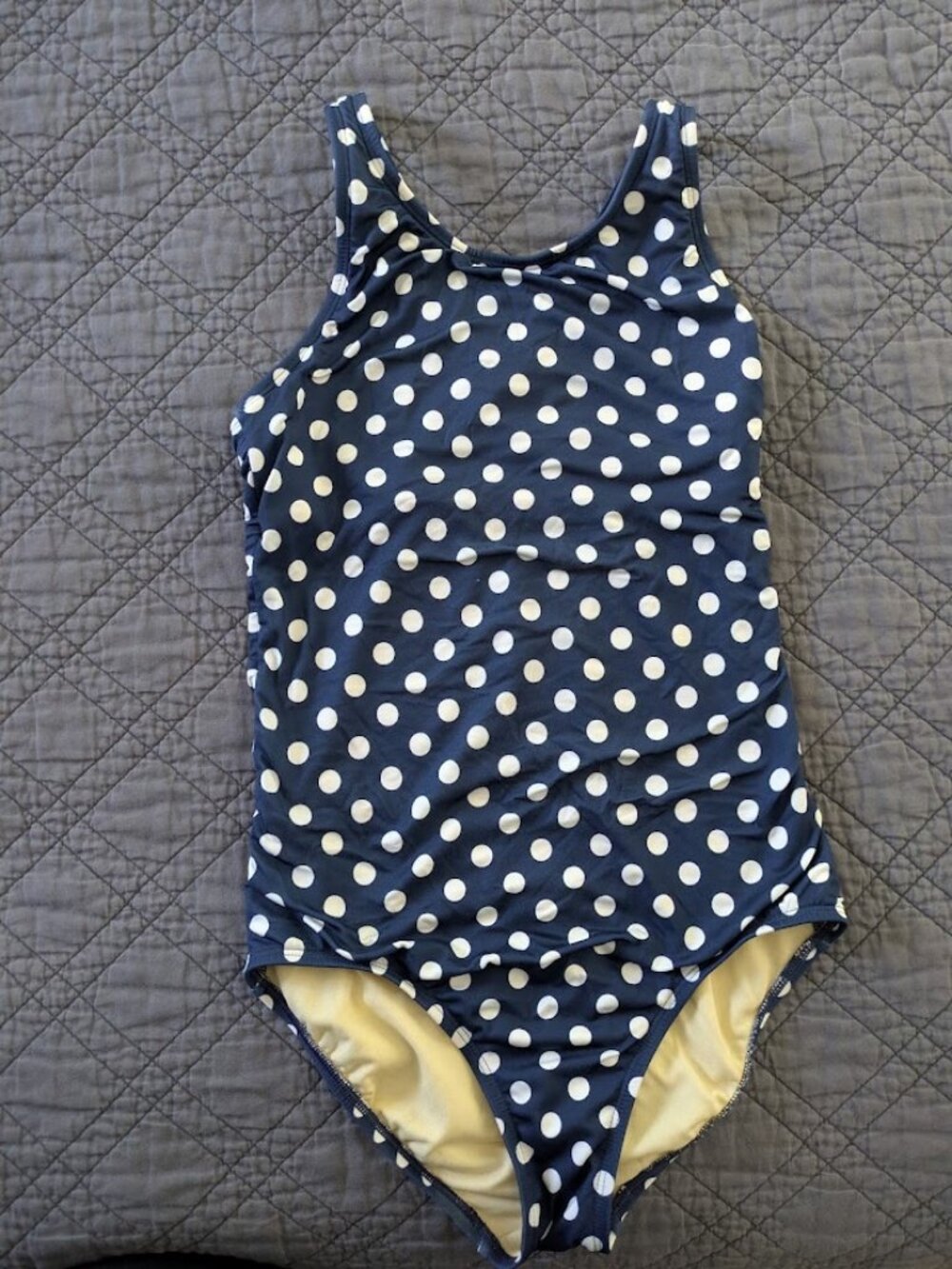 Lands' End Girl's one piece swimsuit, navy w/ white dots, 12slim